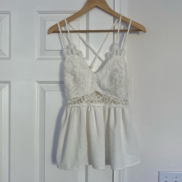willow and root Tops - Willow and Root White Crochet Peplum Tank Top.